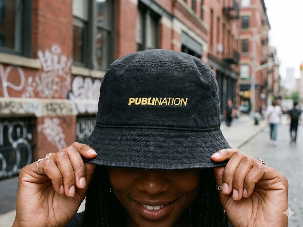 Pessoa sorrindo com bucket hat da Publination
